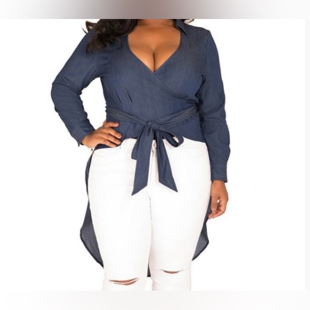 Blue Wrap Top with Tie Waist